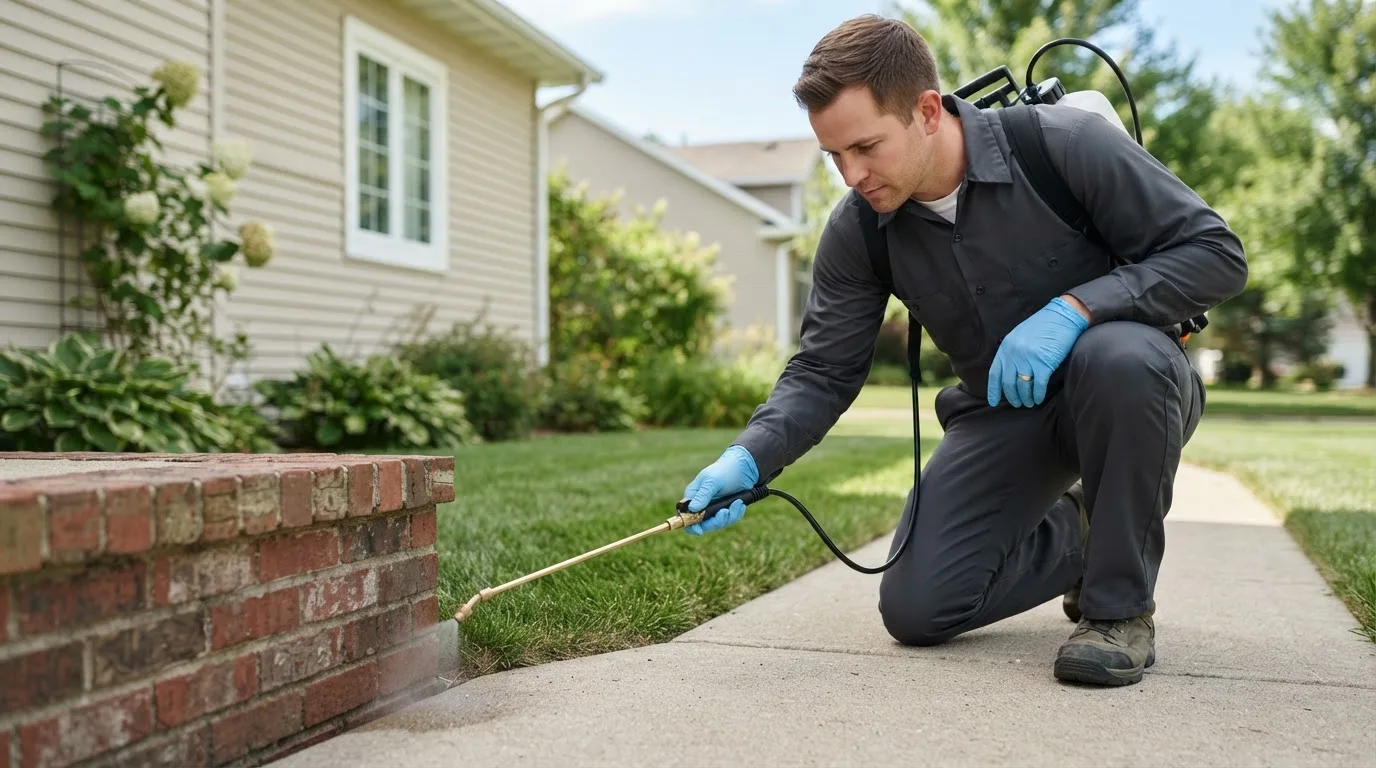Pest control technician treating a home near Hallock, MN