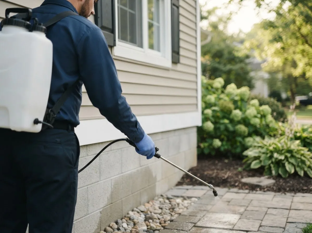 Pest control technician inspecting a home in Hallock, MN